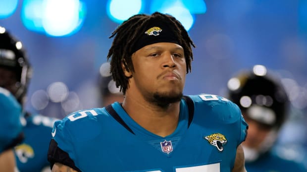 Jaguars defensive lineman Roy Robertson-Harris takes the field ahead of the 2022 wild-card game.